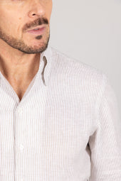 One Piece Collar Shirt In Green Stripe Linen