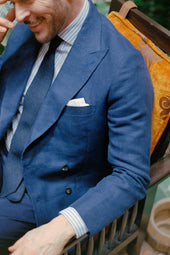 Double Breasted Peak Lapel Jacket In Blue Hopsack