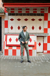Flat Front Trouser In Green Stretch Cotton