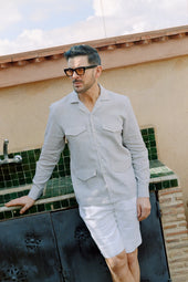 Riviera Collar Safari Shirt In Beige Linen