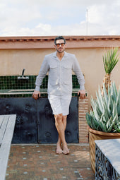 Riviera Collar Safari Shirt In Beige Linen
