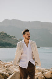 Double Breasted Peak Lapel Jacket In Natural Linen