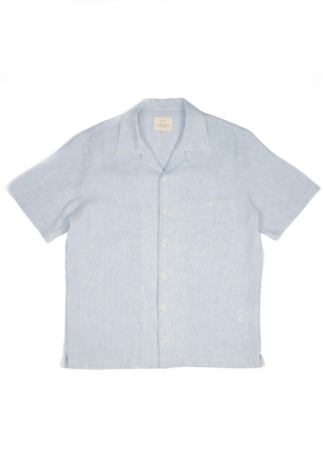 Camp Collar Light Blue Stripe Linen Shirt