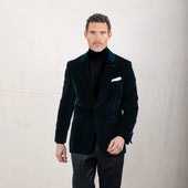 Peak Lapel Jacket In Midnight Blue Velvet
