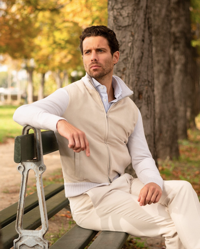Pull Zip Beige En Daim Et Cachemire