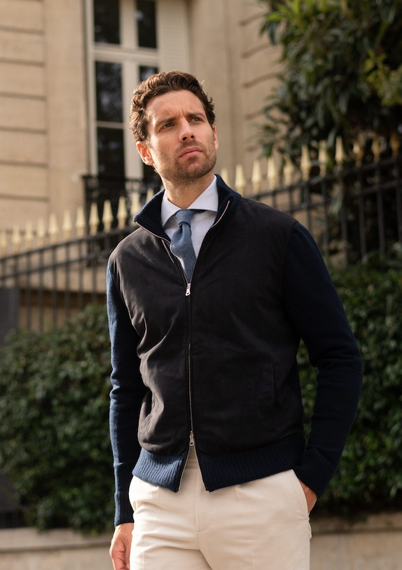 Pull Zip Bleu En Daim Cachemire