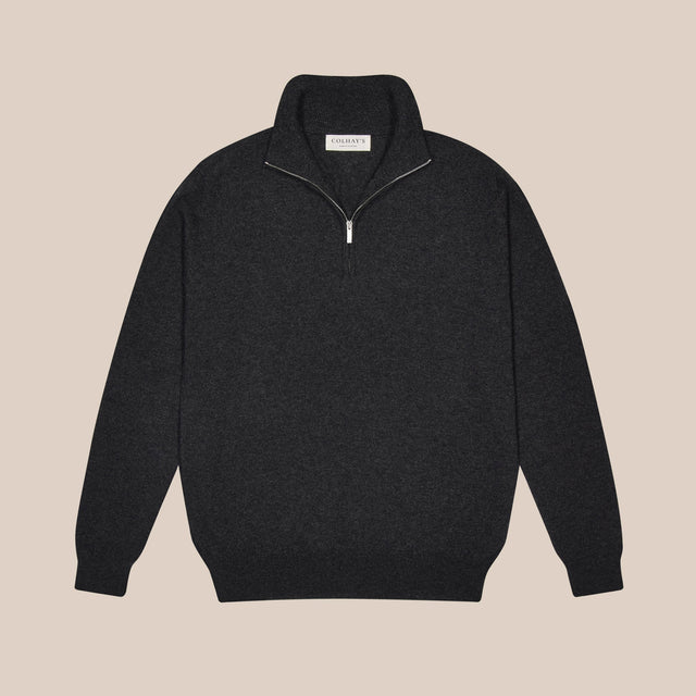 Cashmere driver's half zip sweater in charcoal