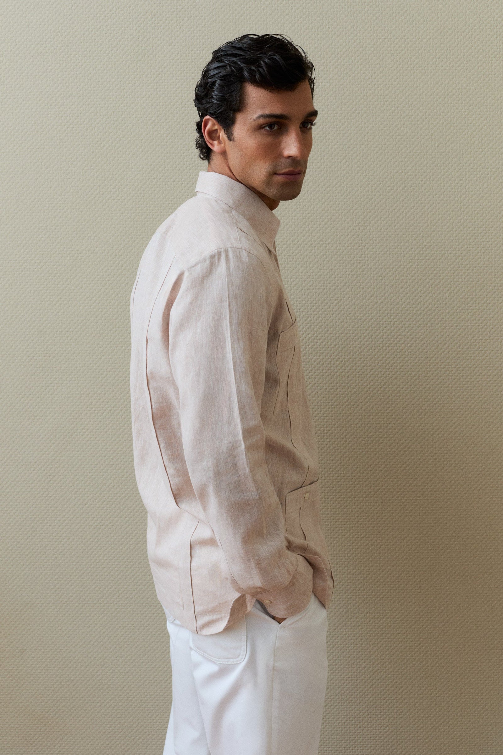 Chemise Guayabera Beige Clair En Lin