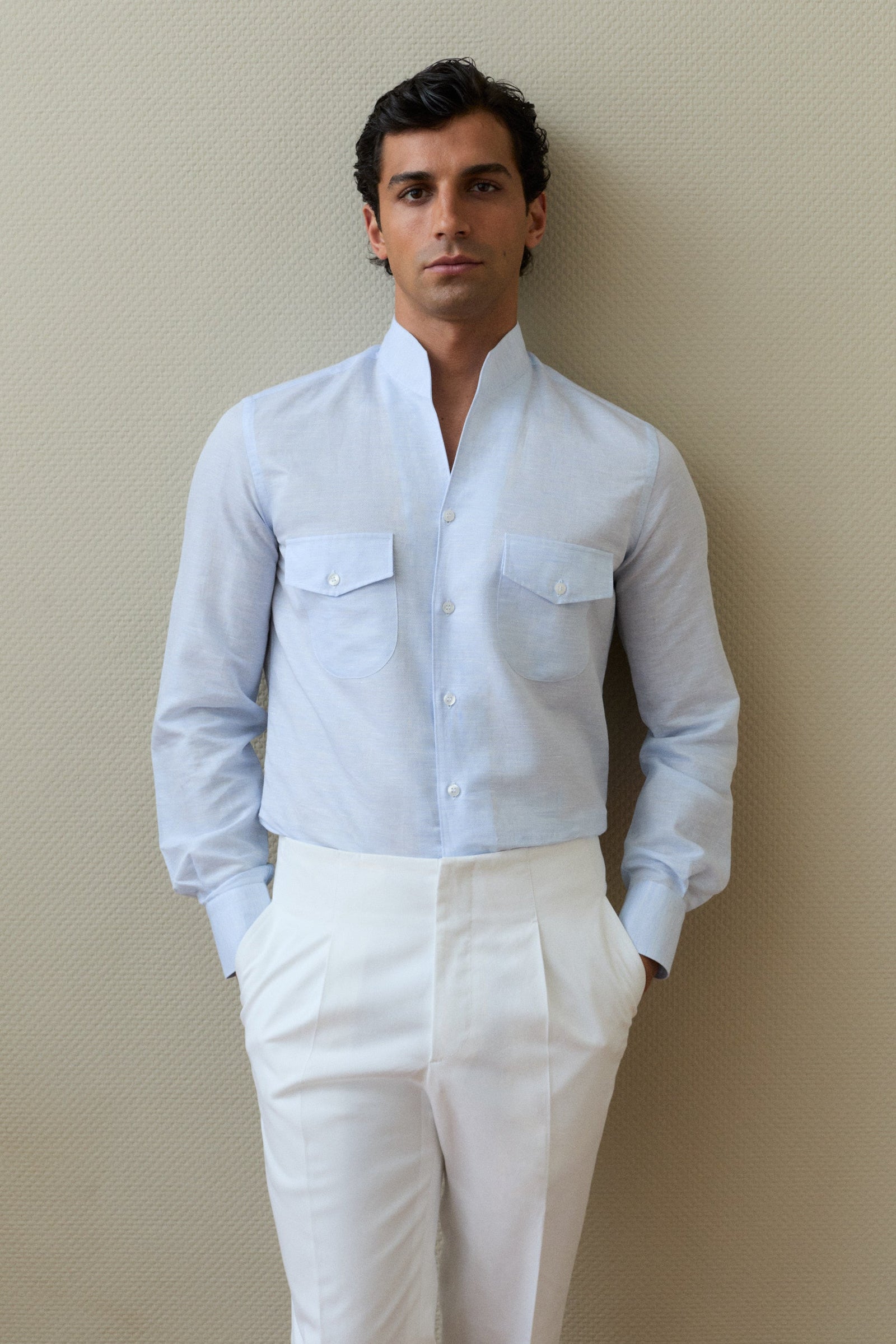 Chemise Col Indien Bleu Ciel En Lin M Lang