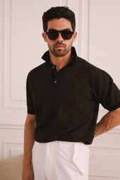 Chevron Knit Polo - Black/Chocolate