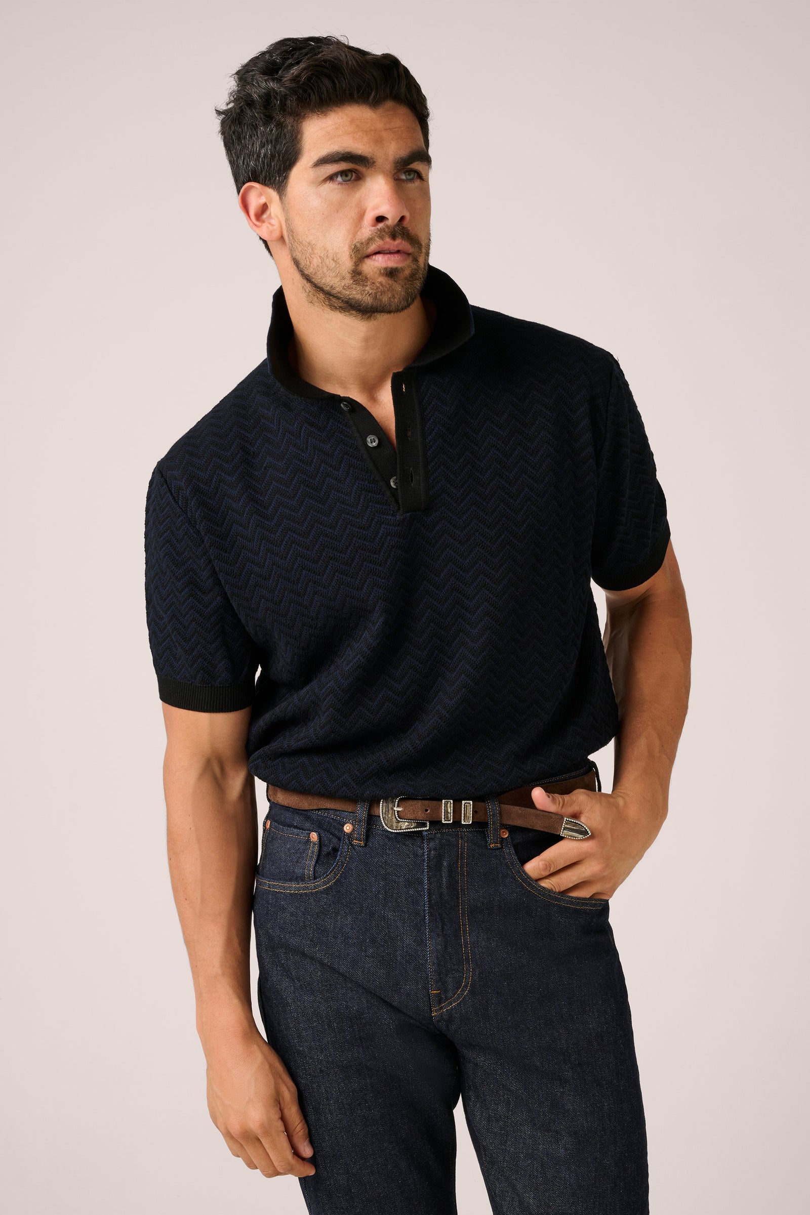 Chevron Knit Polo Navy