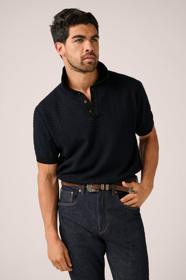 Chevron Knit Polo - Black/Navy