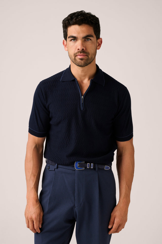 Airlie Zip Knit Polo - Navy Blue - Cotton
