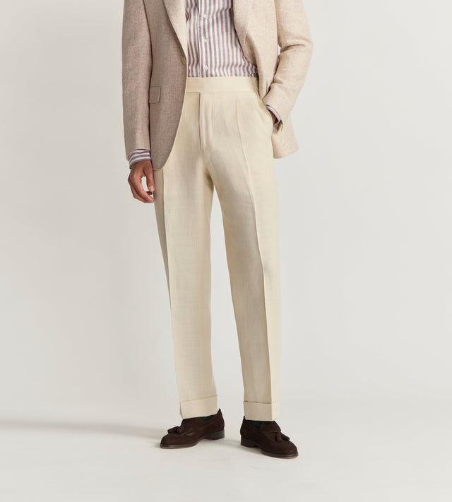 Pantalon écru en soie et lin