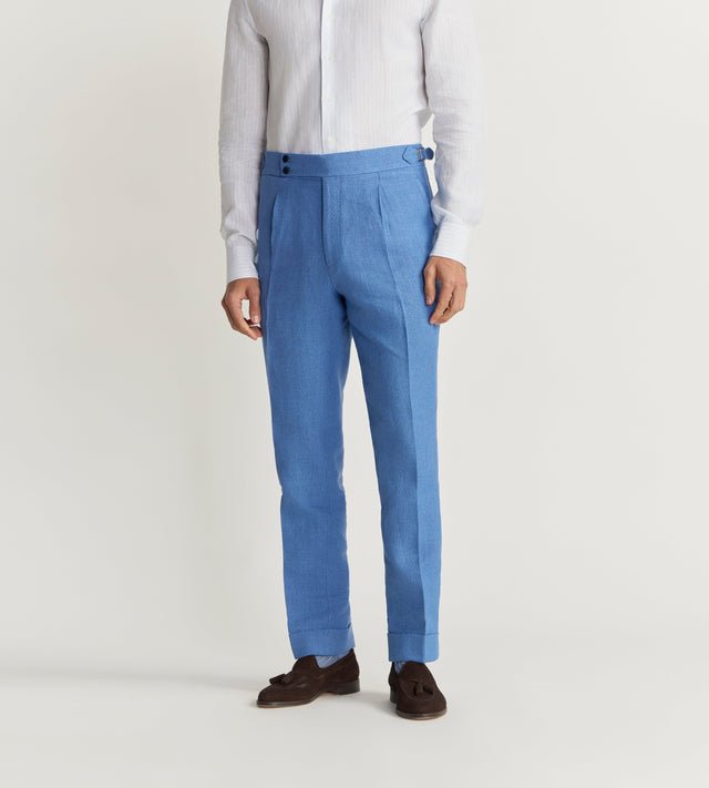 Pantalon bleu en lin et coton