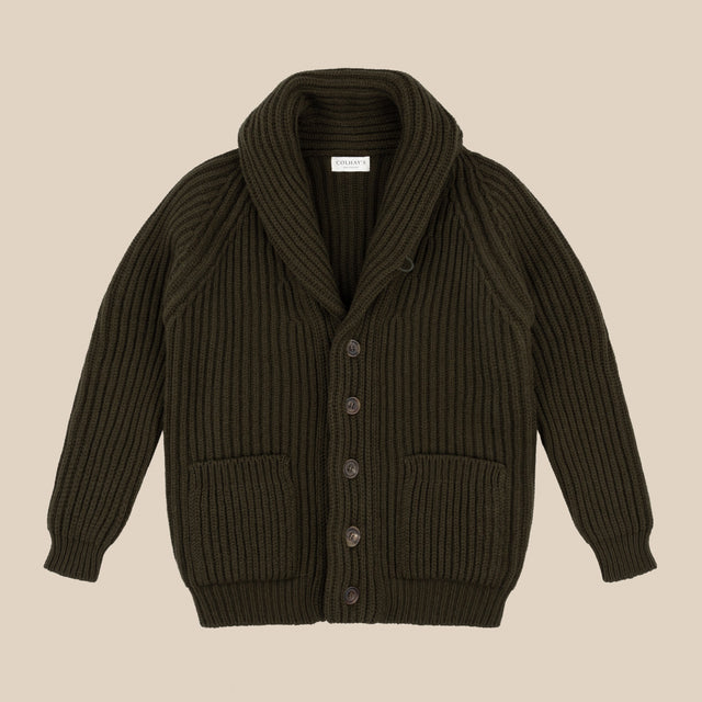 Superfine lambswool shawl collar cardigan in olive