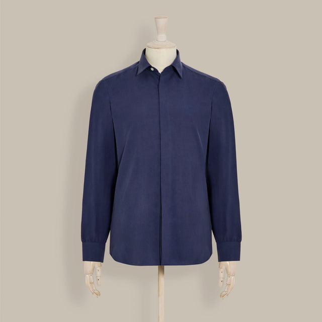 Silk Collared Shirt With Fly Front in Navy