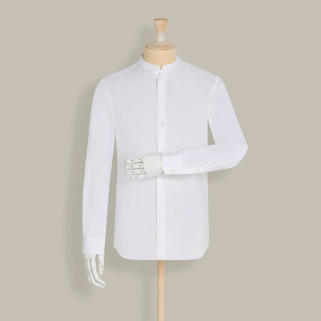 Collarless Linen Shirt with Button Front in White