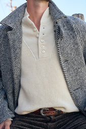Raglan Wool Overcoat - Black/Cream Herringbone Tweed