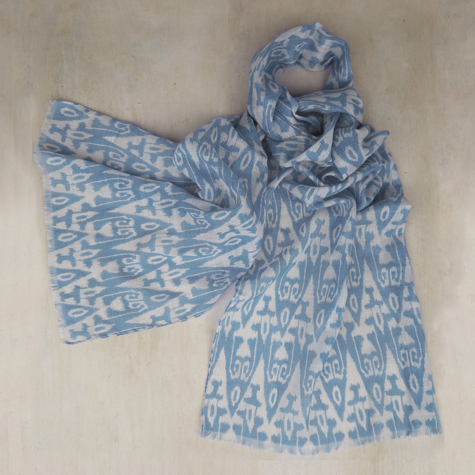Cotton Ikat Scarf in Sky and White