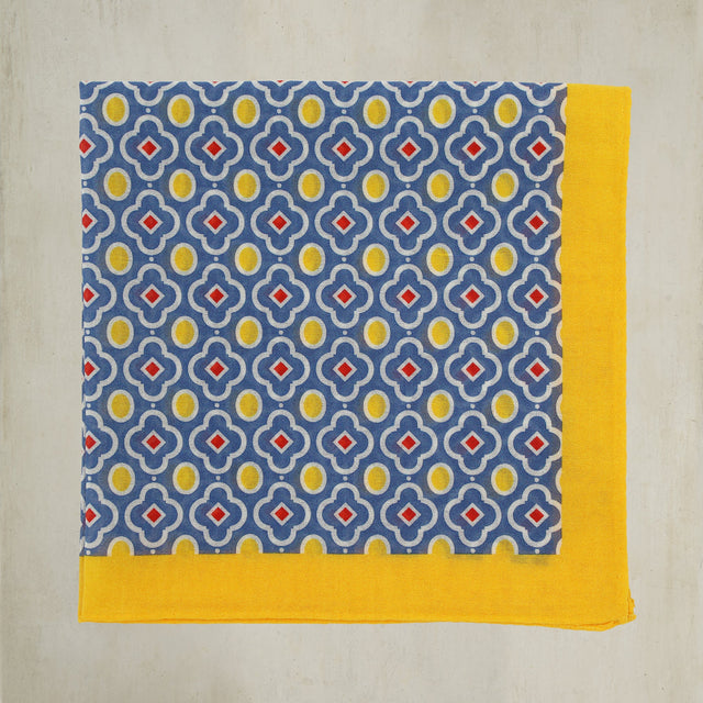 Cotton Mosaic Pocket Square in Dark Blue and Yellow
