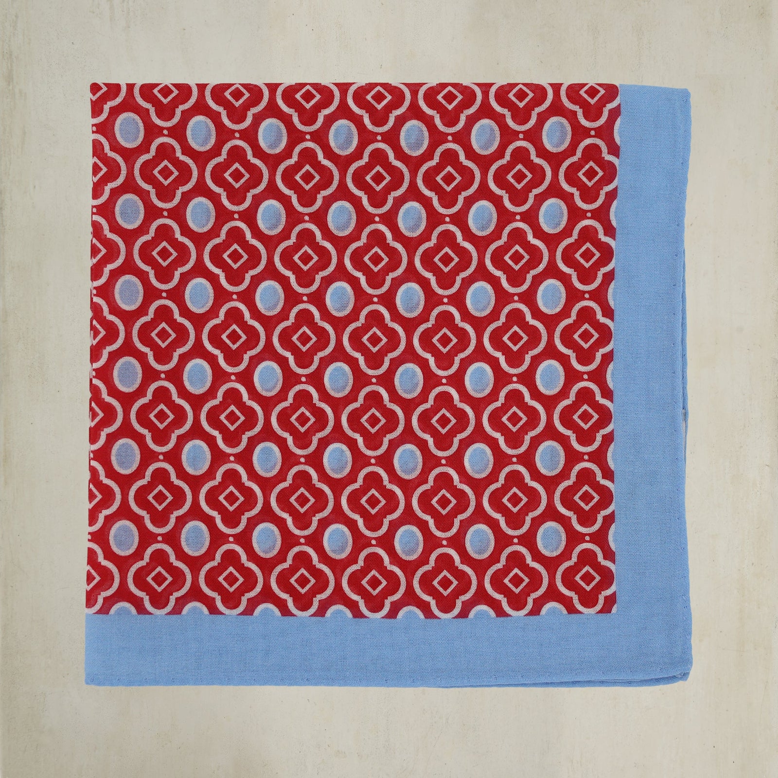 Cotton Mosaic Pocket Square In Red And Sky