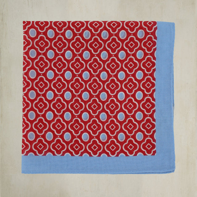 Cotton Mosaic Pocket Square in Red and Sky