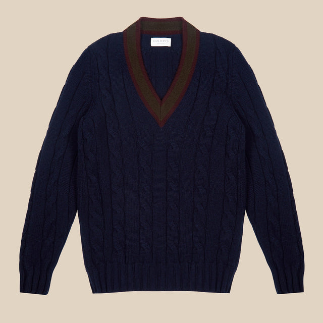 Superfine lambswool cricket sweater in navy burgundy and olive