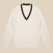 Superfine lambswool cricket sweater in cream and olive