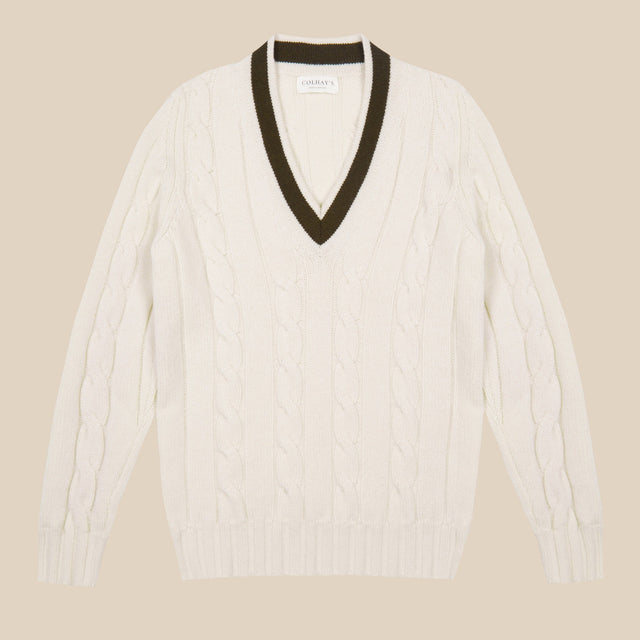 Superfine lambswool cricket sweater in cream and olive