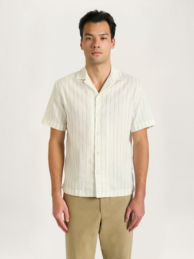 The Lido Stripe Cuban Collar Shirt || Ecru | Linen