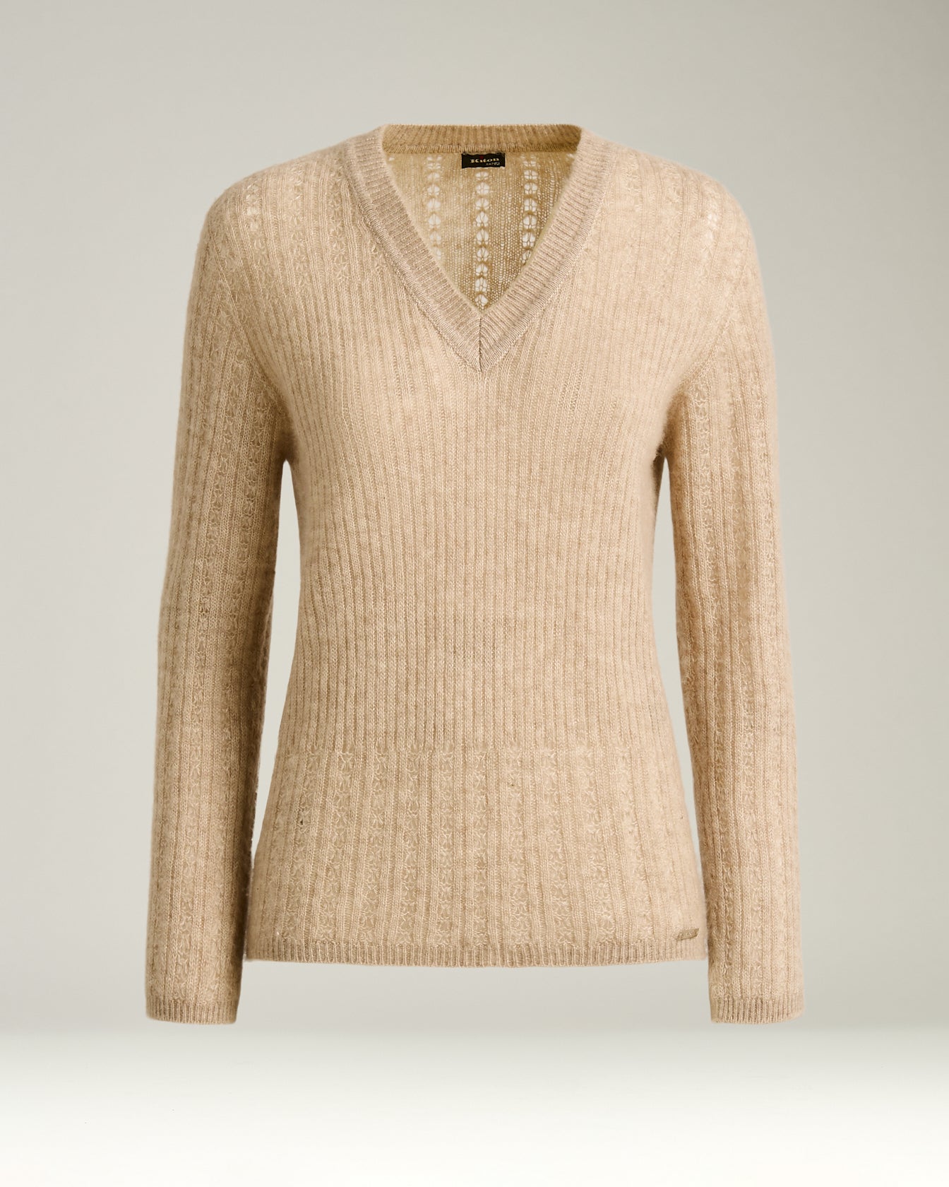 V Neck Openwork Sweater In Cashmere And Silk Beige