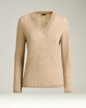 V-NECK OPENWORK SWEATER IN CASHMERE AND SILK BEIGE