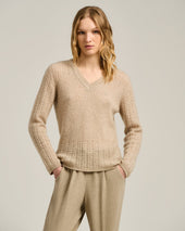 V-NECK OPENWORK SWEATER IN CASHMERE AND SILK BEIGE