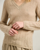 V-NECK OPENWORK SWEATER IN CASHMERE AND SILK BEIGE