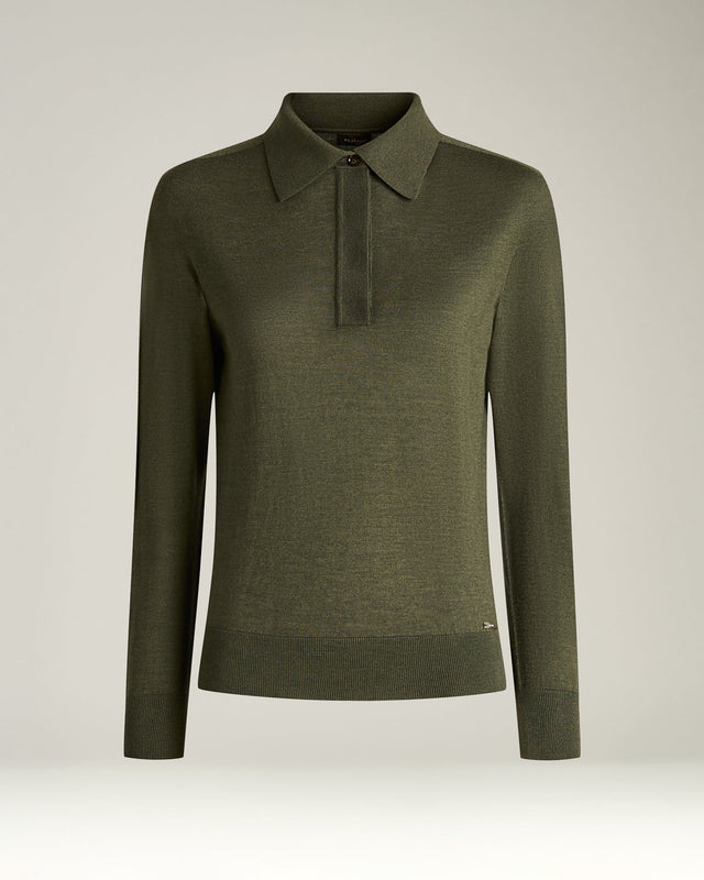 LONG SLEEVE POLO IN CASHMERE AND SILK MILITARY GREEN