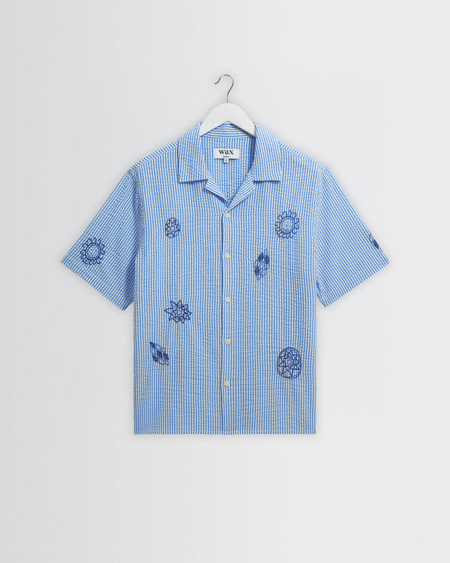 Didcot - Blue And Ecru Doodle Seersucker Short-Sleeve Shirt