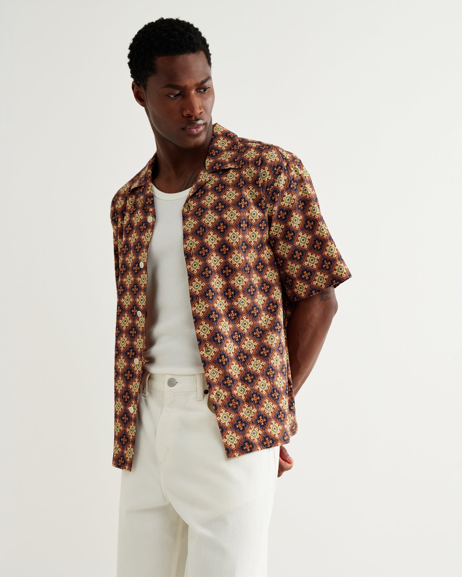 Didcot Tile Print Seersucker Short Sleeve Shirt