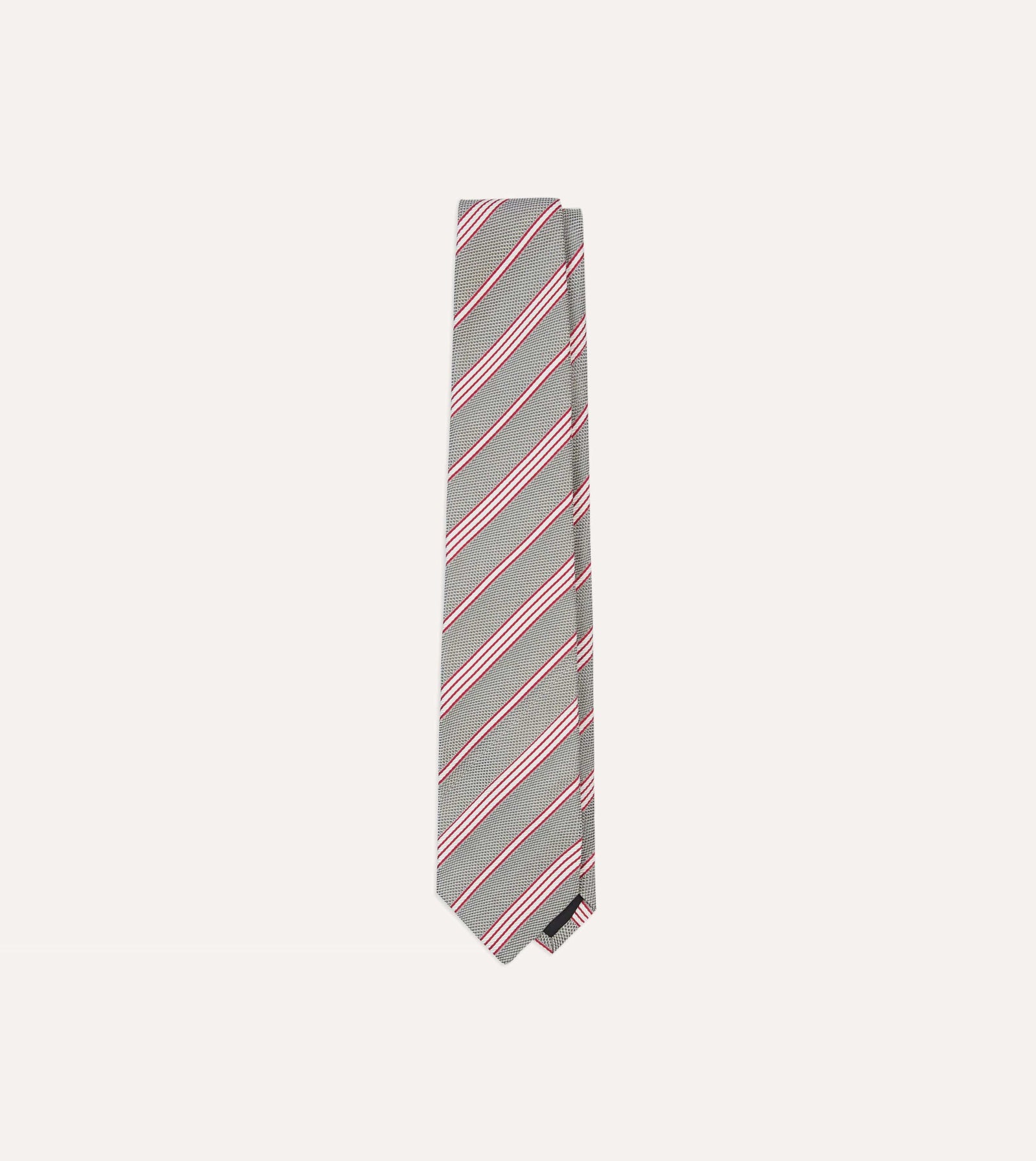 Red And Ecru Twill Stripe Tipped Silk Grenadine Tie