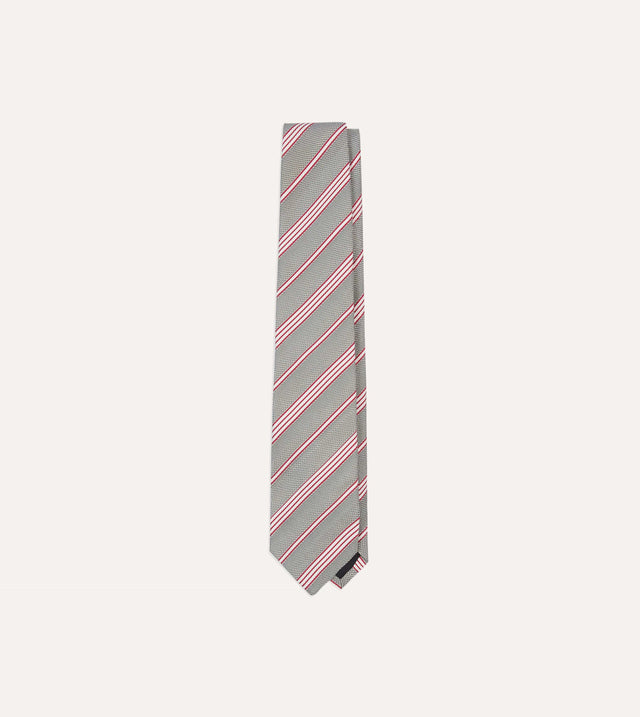 Grey, Red and Ecru Twill Stripe Tipped Silk Grenadine Tie
