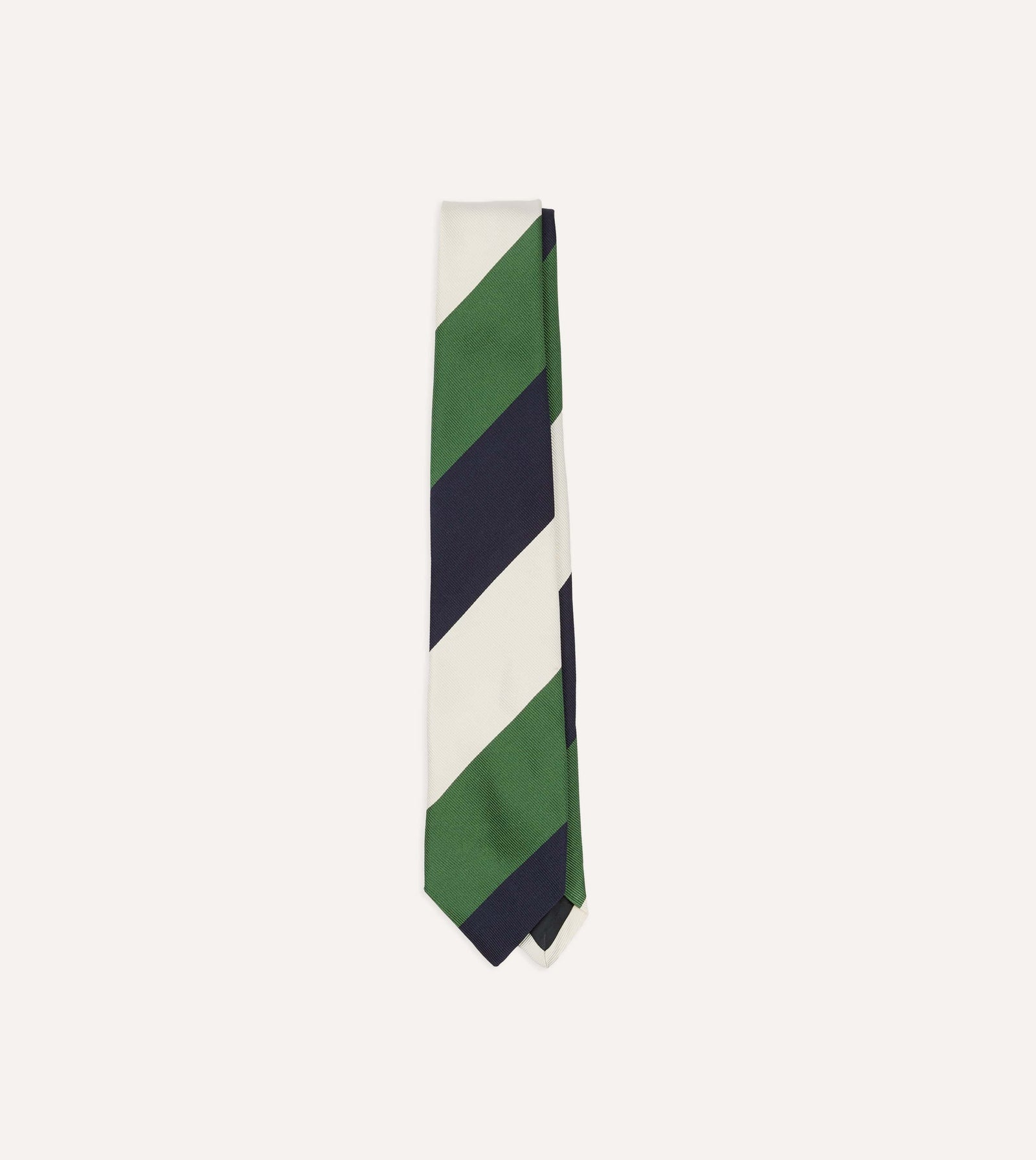 Green Ecru And Navy Block Stripe Repp Silk Tipped Tie