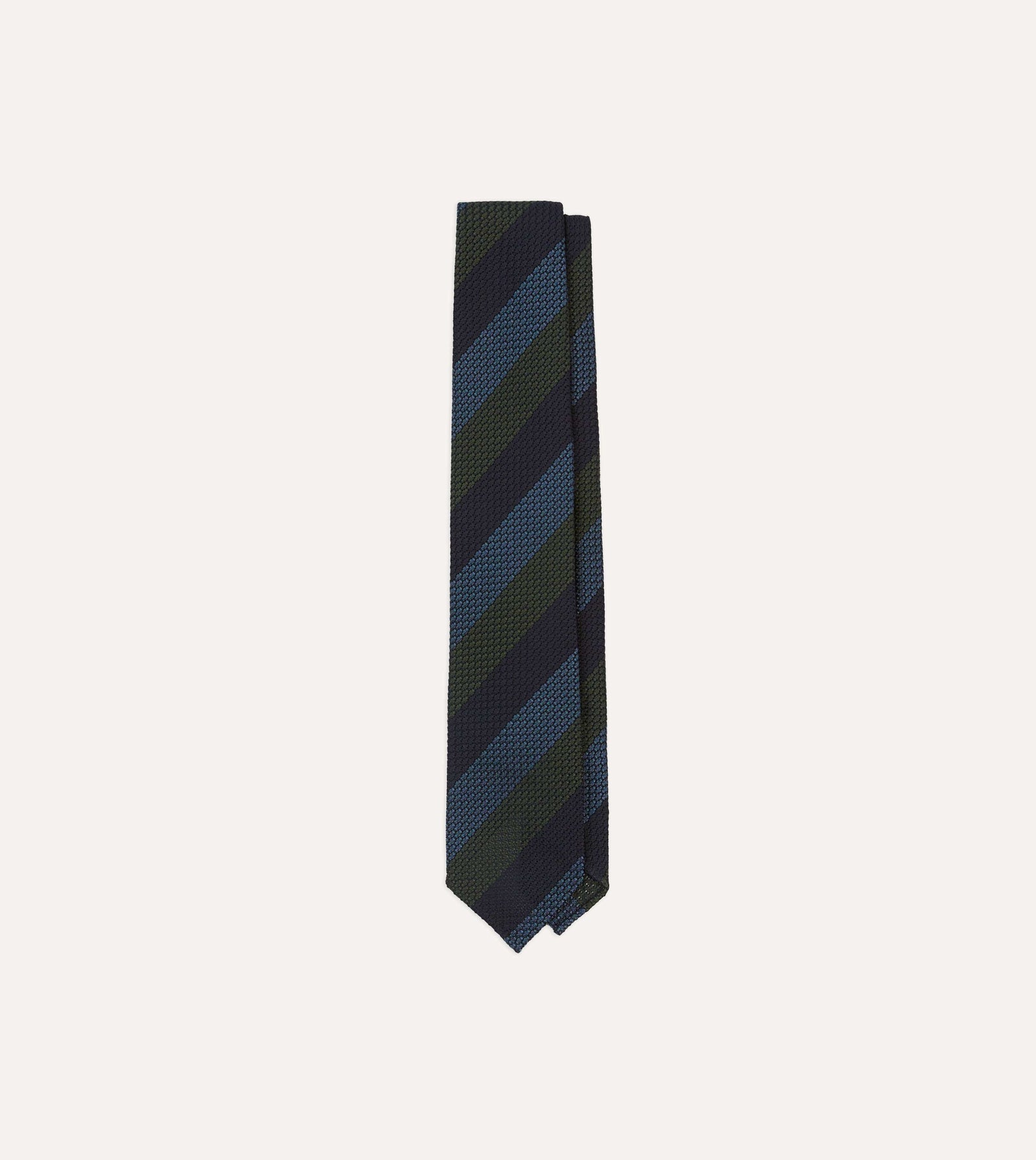 Green And Blue Block Stripe Hand Rolled Silk Grenadine Tie