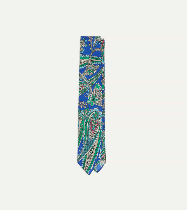 Blue Nouveau Leaves Shantung Silk Hand-Rolled Tie
