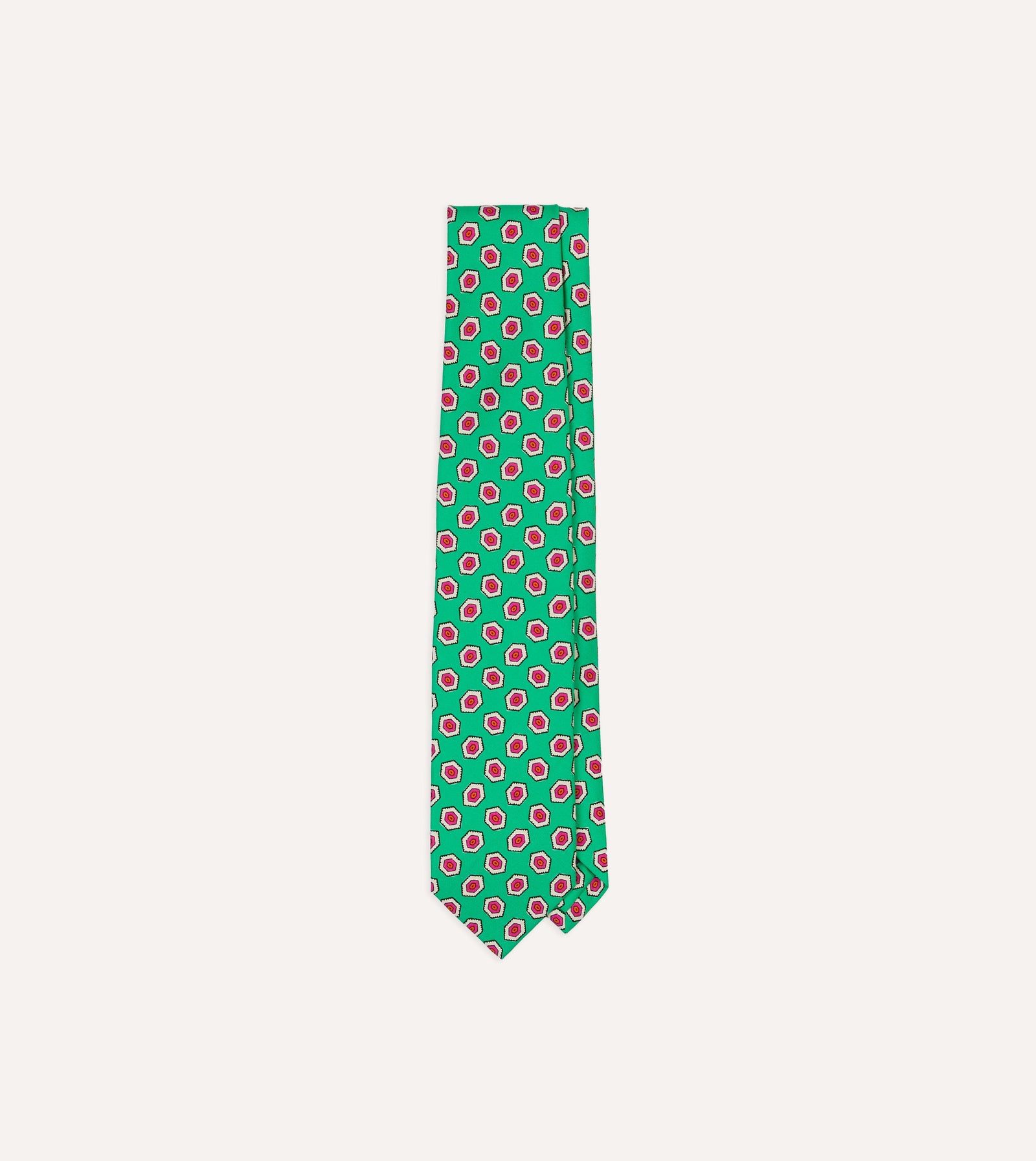 Green Hexagon Tile Print Silk Self Tipped Tie