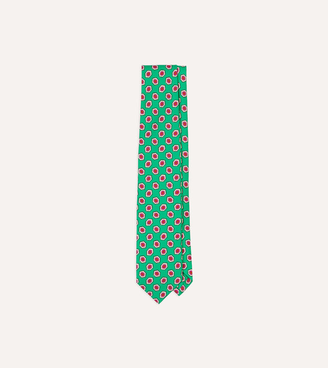 Green Hexagon Tile Print Silk Self Tipped Tie