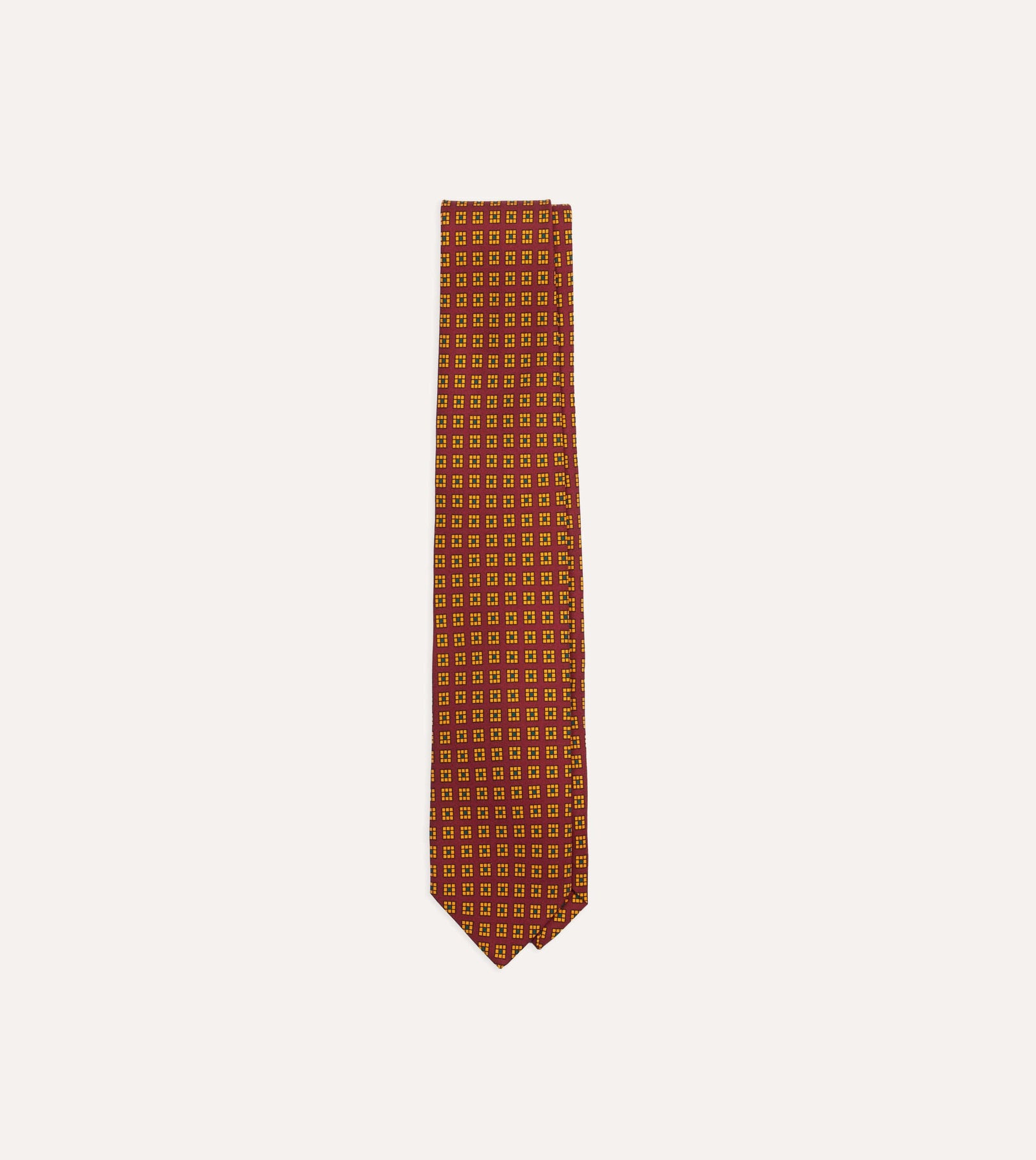 Red And Yellow Tile Print Silk Self Tipped Tie