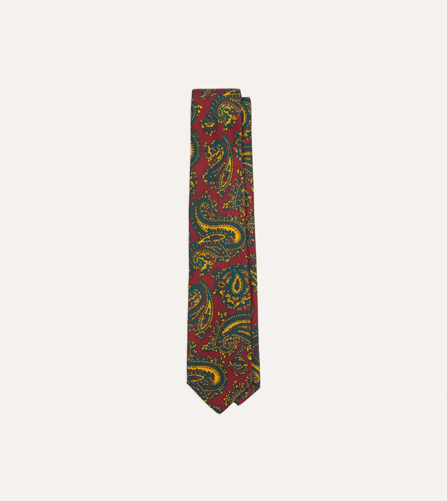 Red and Green Ornate Paisley Print Silk Self Tipped Tie