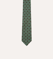 Green Flower Medallion Print Silk Self Tipped Tie