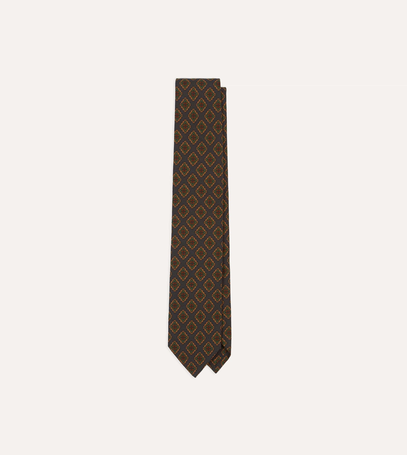 Square Flower Medallion Print Wool Silk Self Tipped Tie