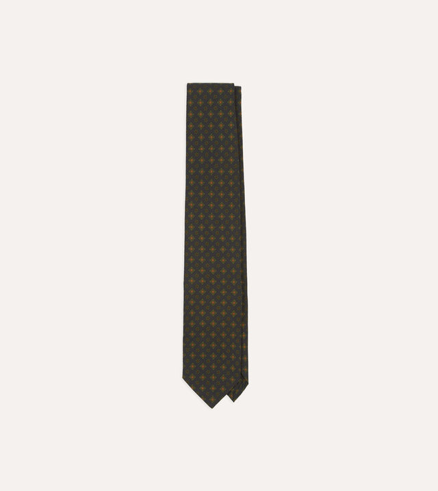 Navy Square Floral Medallion Print Wool-Silk Self Tipped Tie